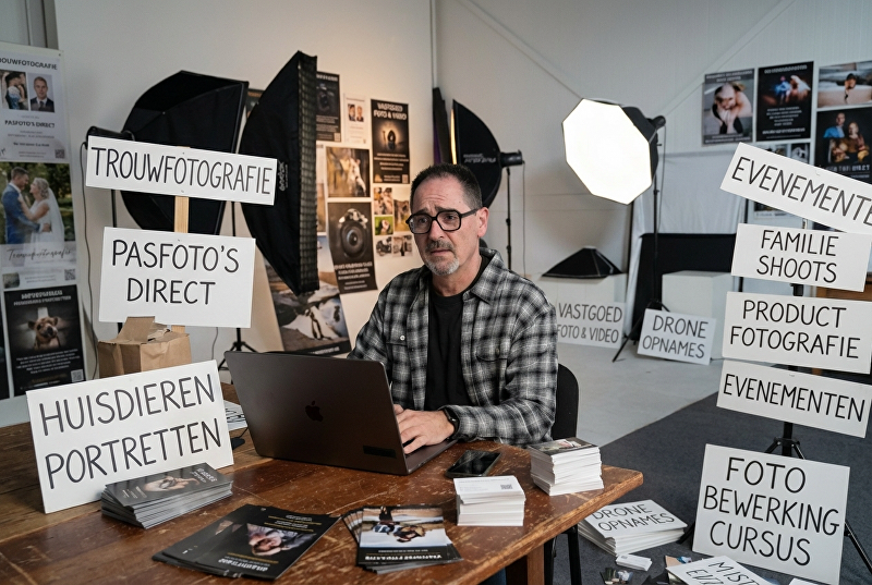Een fotograaf zit achter zijn computer en peinst over alle diensten die hij aanbiedt.